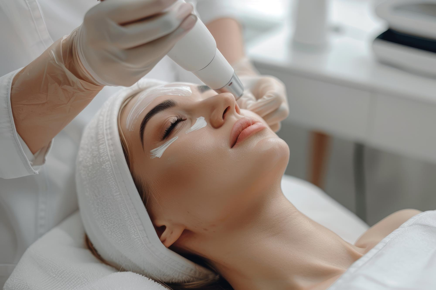 Cliënte ondergaat Hydrafacial gezichtsbehandeling met medische apparatuur – huidverbetering nabij Amsterdam.