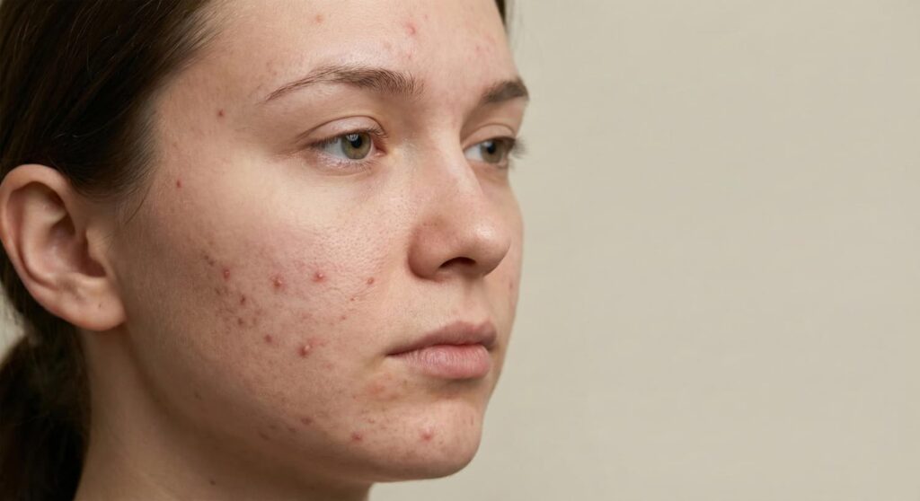 Jonge vrouw met hormonale acne op wangen en voorhoofd — herkenbaar patroon bij hormonale huidklachten