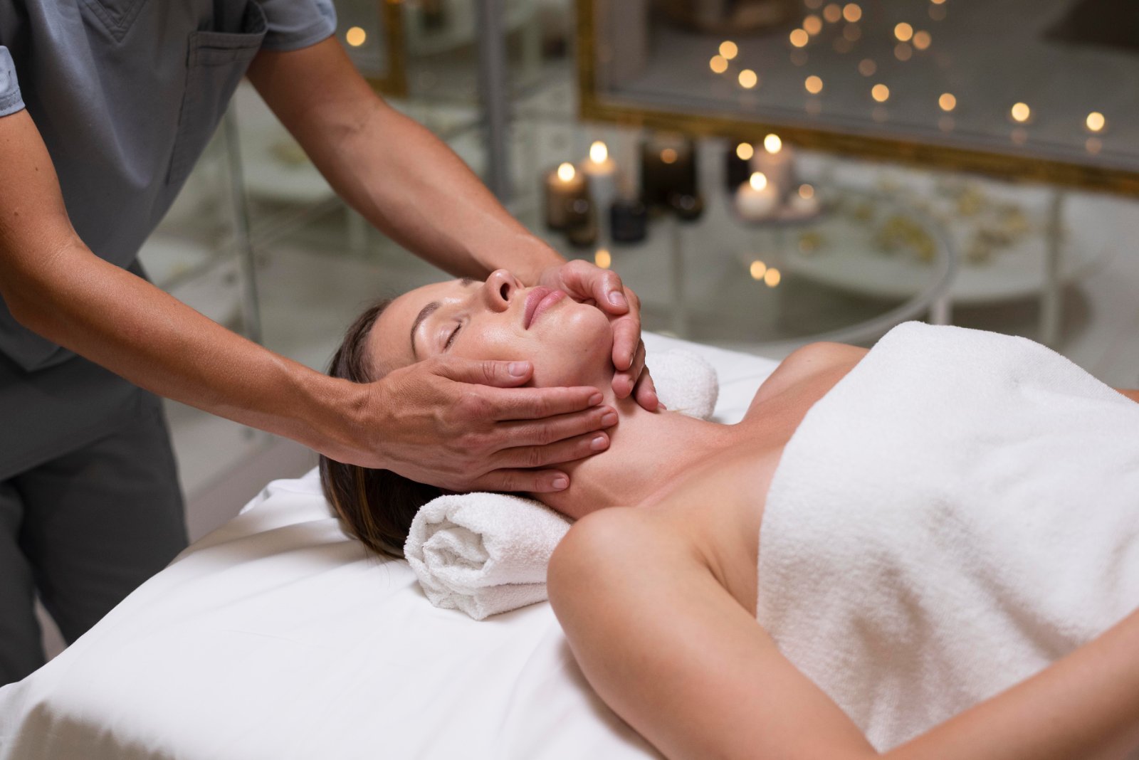 Close-up van een facial in het gezicht